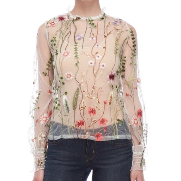 Few Moda Tops - NWT Few Moda Sheer Mesh Floral Embroidered Blouse